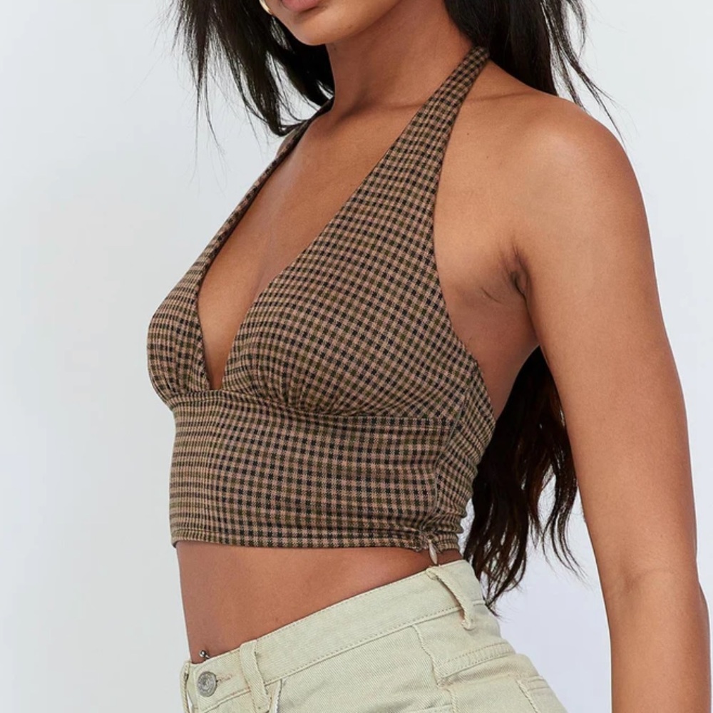 Princess Polly brown plaid halter crop top